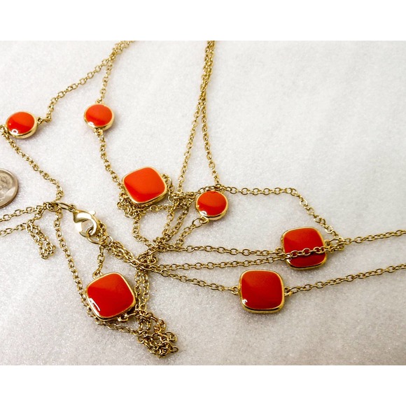 Long Coral Red Glass Bead double Strand Necklace , 32 Inch - Picture 7 of 9